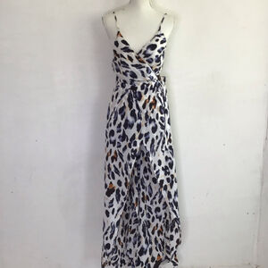 TCEC Women Elegant Leopard Print Wide Wrap Legs Jumpsuit S White Black